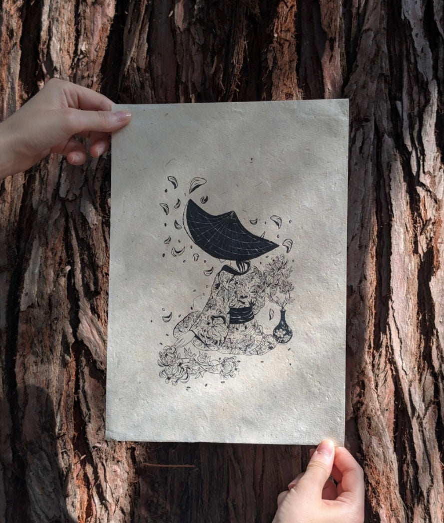 Print "Geisha" sur papier Lokta à encadrer A5 - Lucane Studio