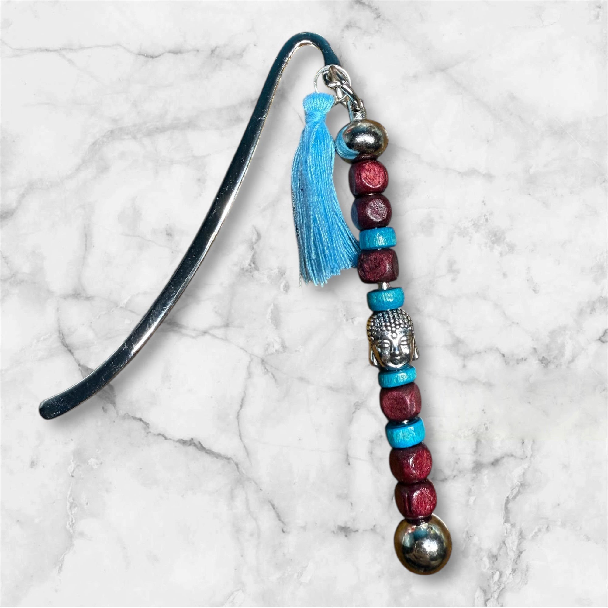 Marque-page avec perles et pompon bleu / pièce unique