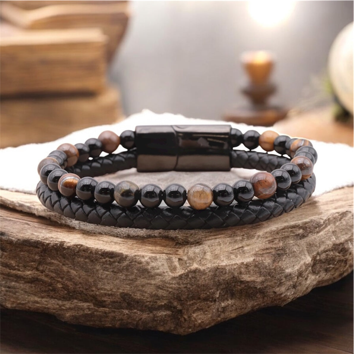 Bracelet en cuir et en œil de tigre