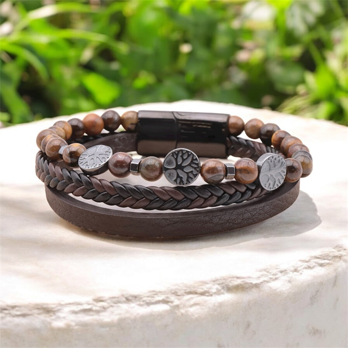 Bracelet en cuir brun et oeil de tigre