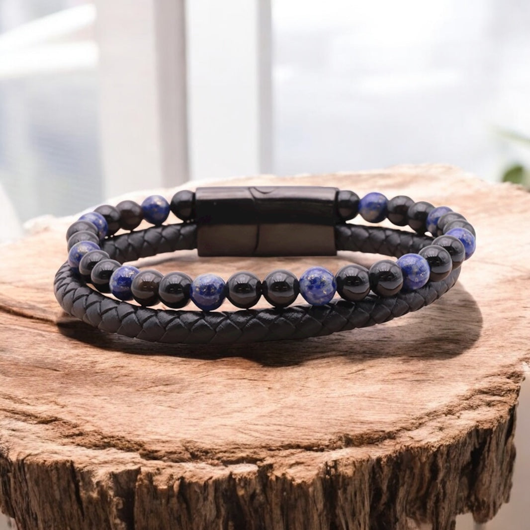 Bracelet en cuir noir , lapis Lazuli et onyx