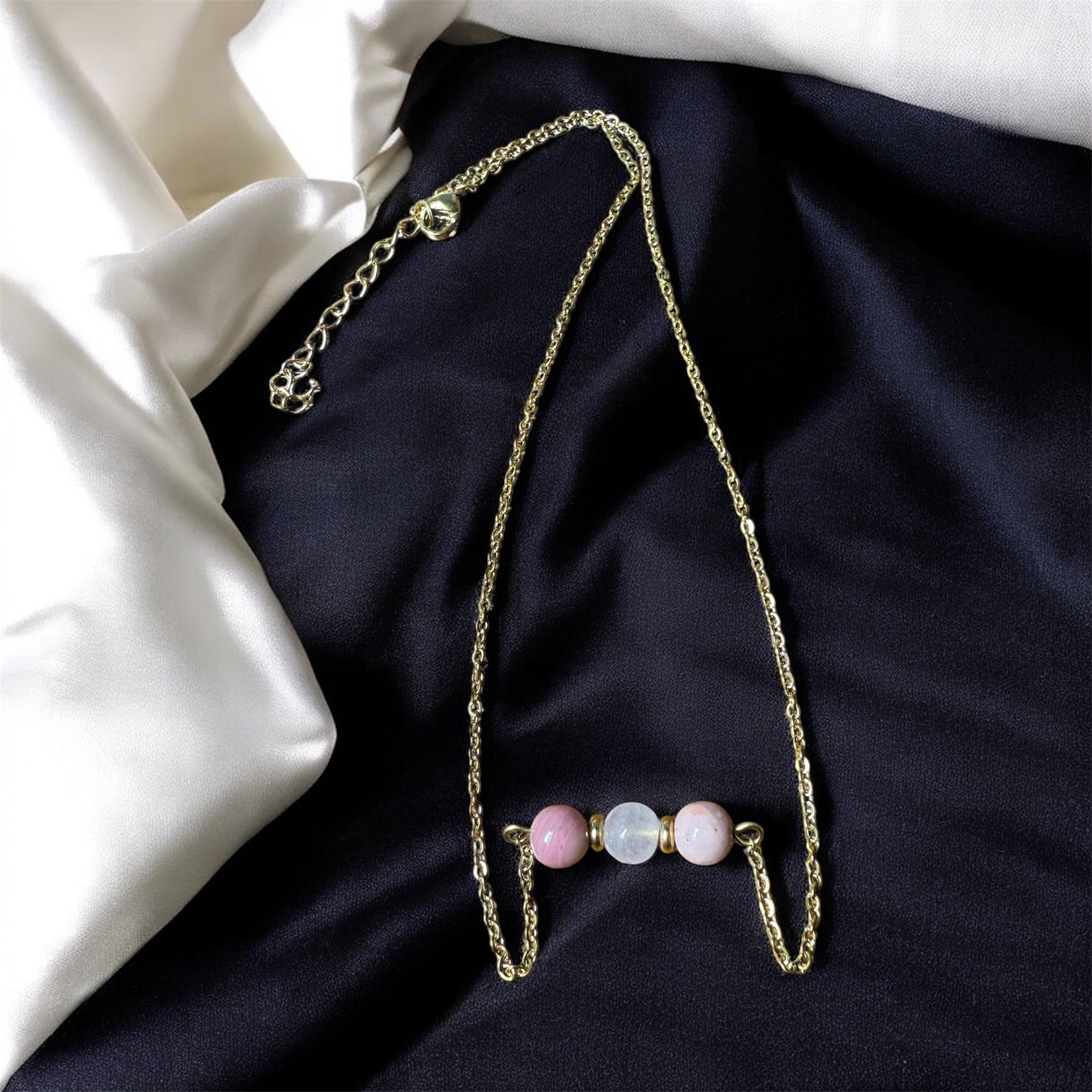 Collier doré quartz rose et rhodonite